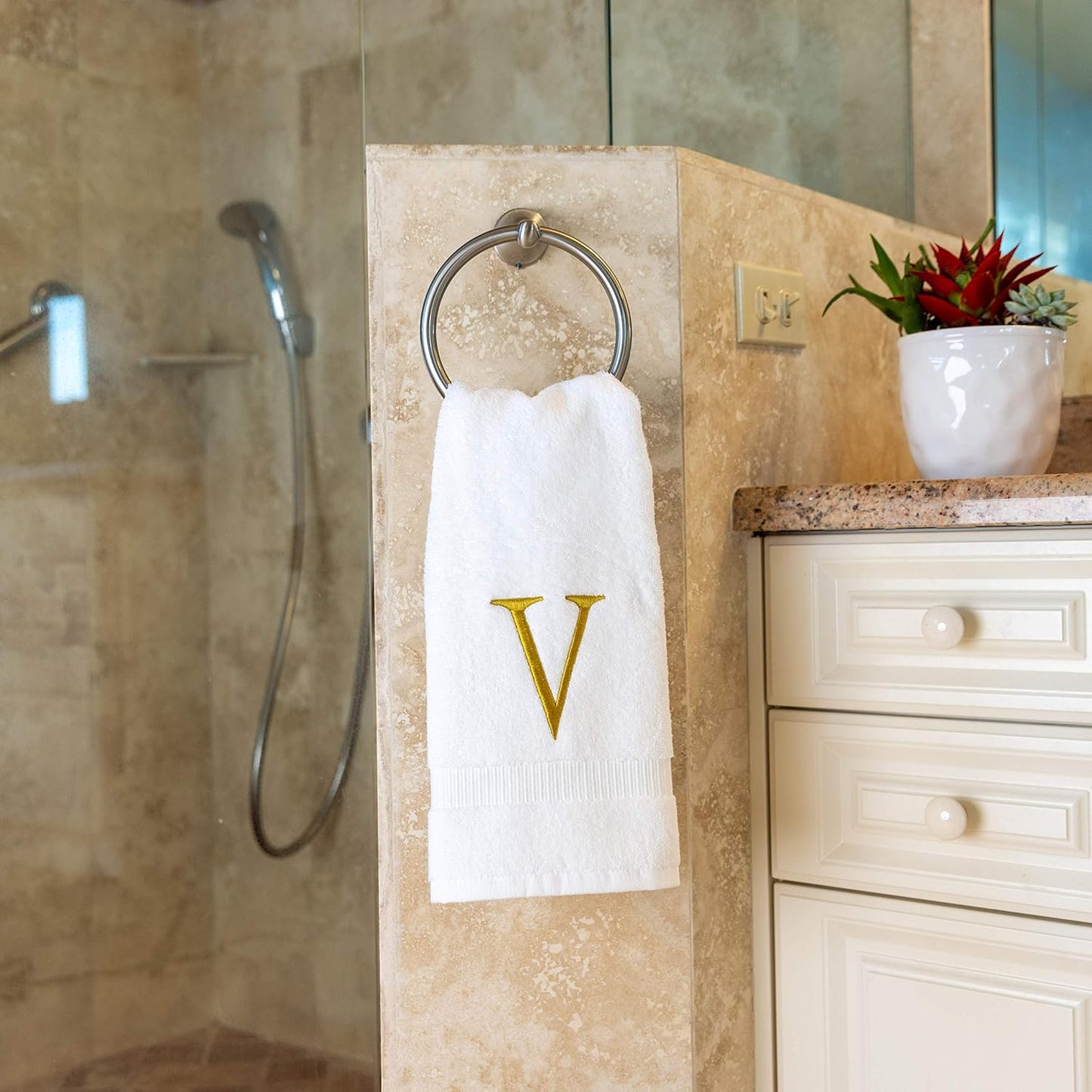 Monogrammed Hand Towels for Bathroom - Luxury Hotel Quality Personalized Initial Decorative Embroidered Bath Towel for Powder Room, Spa - GOTS Organic Certified - Set of 2 Gold Letter V