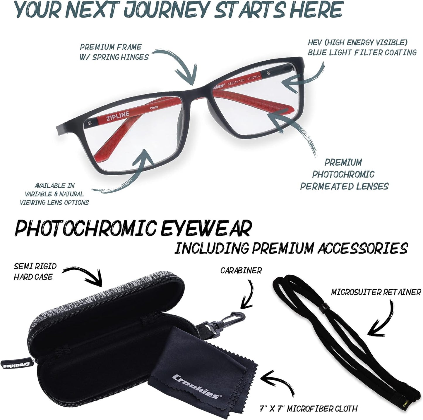 Croakies Zipline Photochromic Progressive Eyewear | UV400 Sunglass for Outdoor | Bluelight Eyeglass for HEV Devices | Bundle