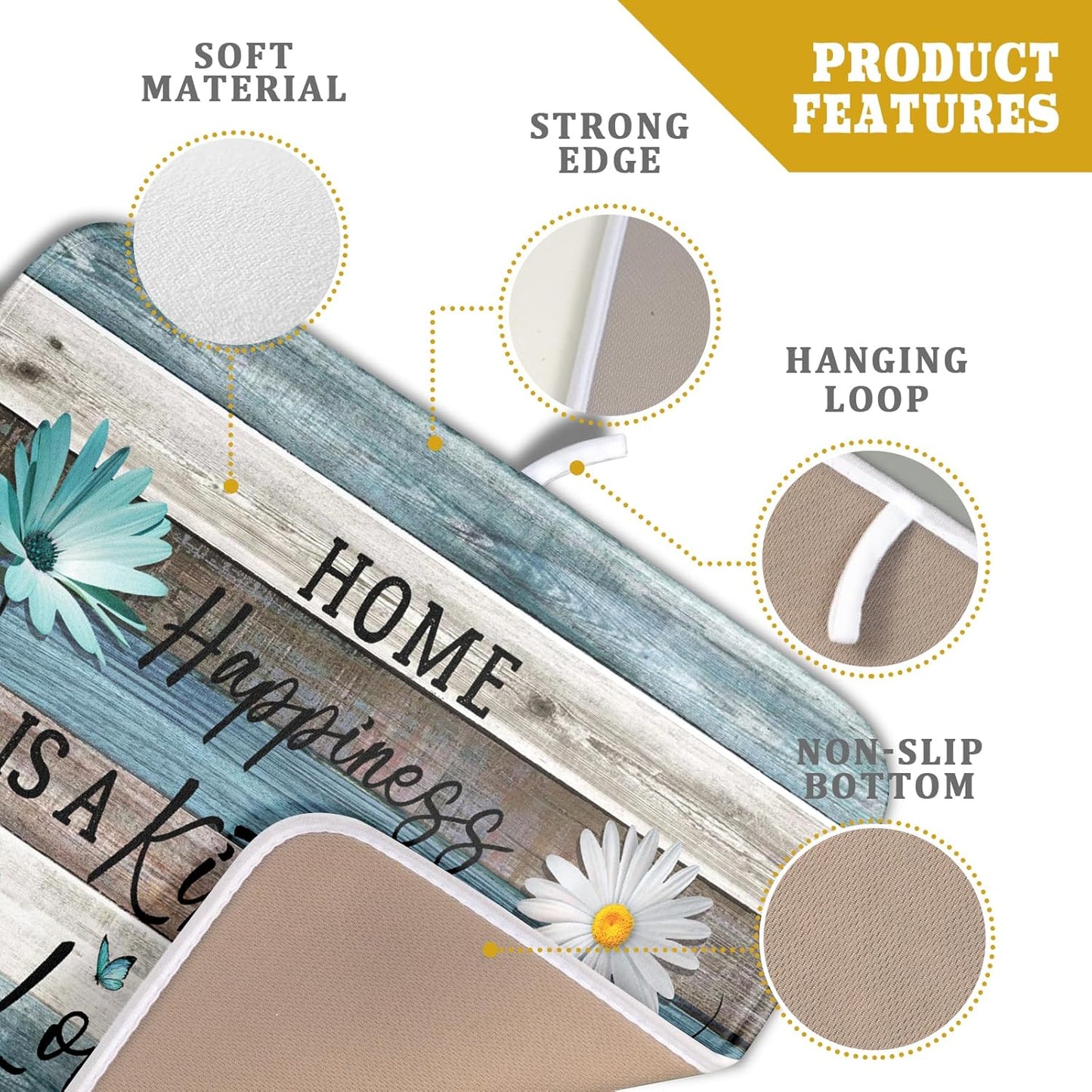 Daisy Floral Dish Drying Mat 16x18 Inches Rustic Wood Microfiber Absorbent Reversible Dish Draining Pad Fast Dry Kitchen Accessories