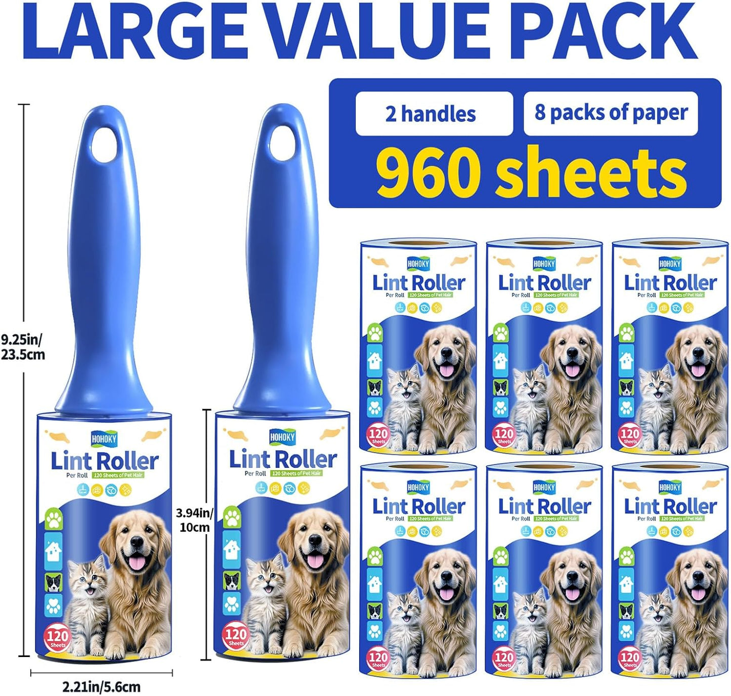 lint Rollers for pet Hair Extra Sticky Heavy Duty Lent Roller for Dog and Cat Remover for Couch Clothes Furniture Furniture Carpet Animal Fur Fuzz Mega Value Set Refills 960Sheets 8Pack