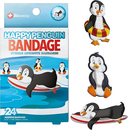 BioSwiss Kids Bandages, Penguin Shaped Self Adhesive Bandage Set, Latex Free, Sterile Wound Care, 24 Count