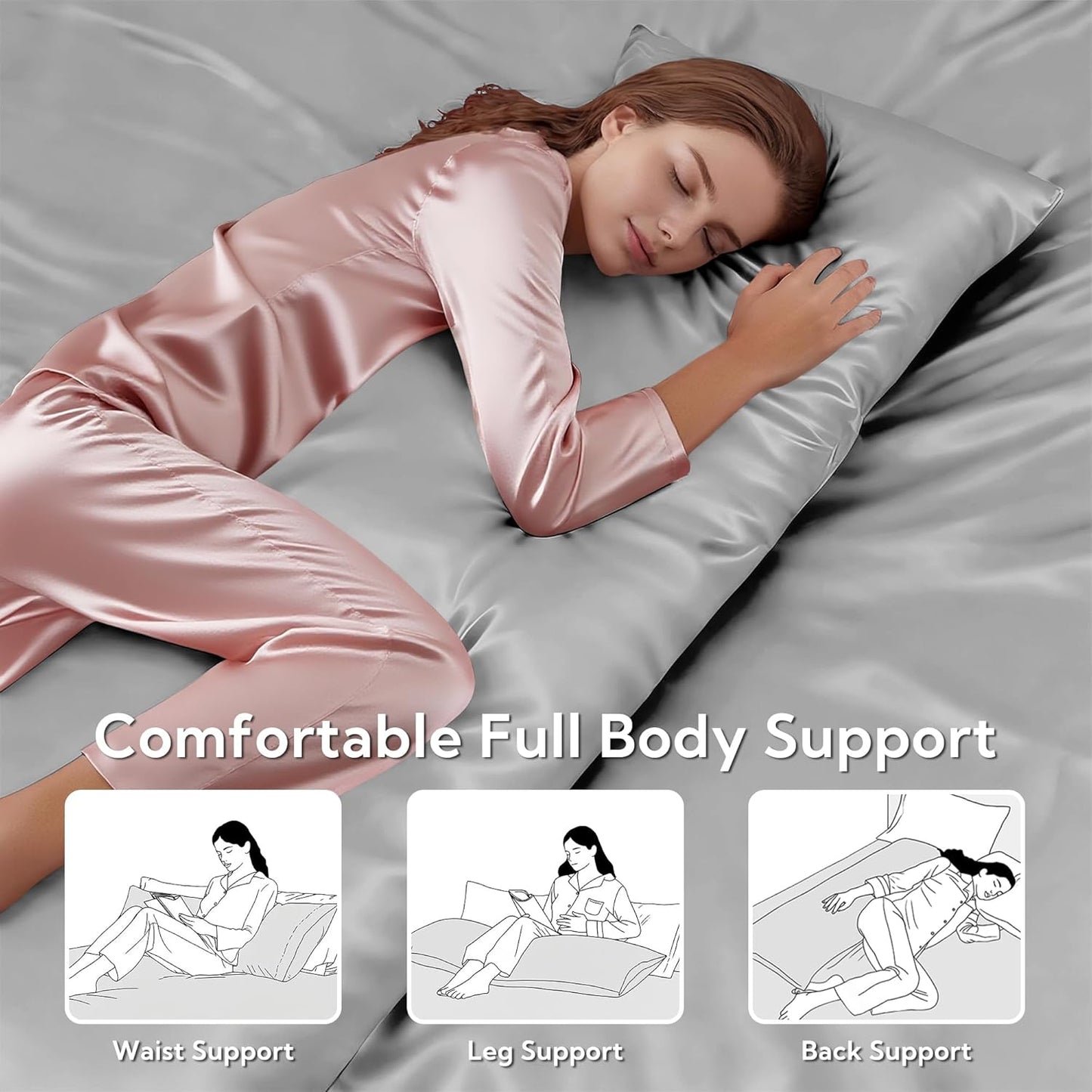 MR&HM Satin Body Pillow Cover, Soft and Breathable Body Pillow Case with Envelope Closure, Cooling and Silky Long Pillowcase for Hair and Skin,Grey (20x54, Silver Grey)