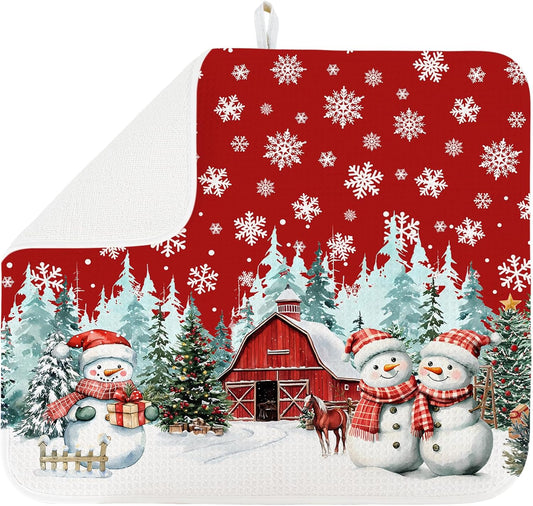 Dish Drying Mat for Kitchen Counter Large 18" x 24" Christmas Farmhouse Rustic Snowman Absorbent Microfiber Dishes Drainer Rack Mats Pad Reusable Washable