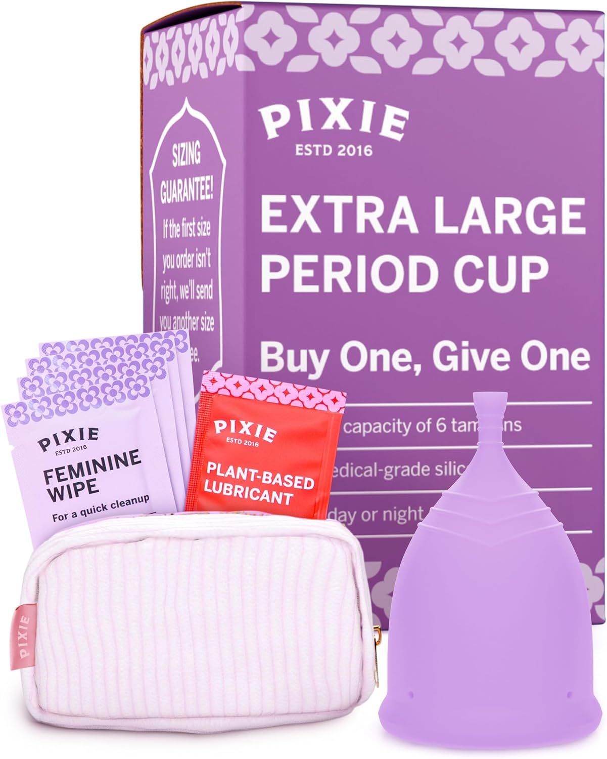 Pixie Menstrual Cup - No Metals or Toxins - Ranked 1 for The Most Soft Reusable Period Cup - Wear 12 Hours - 100% Medical-Grade Silicone - Tampon Alternative - Buy One We Give One - Extra Large