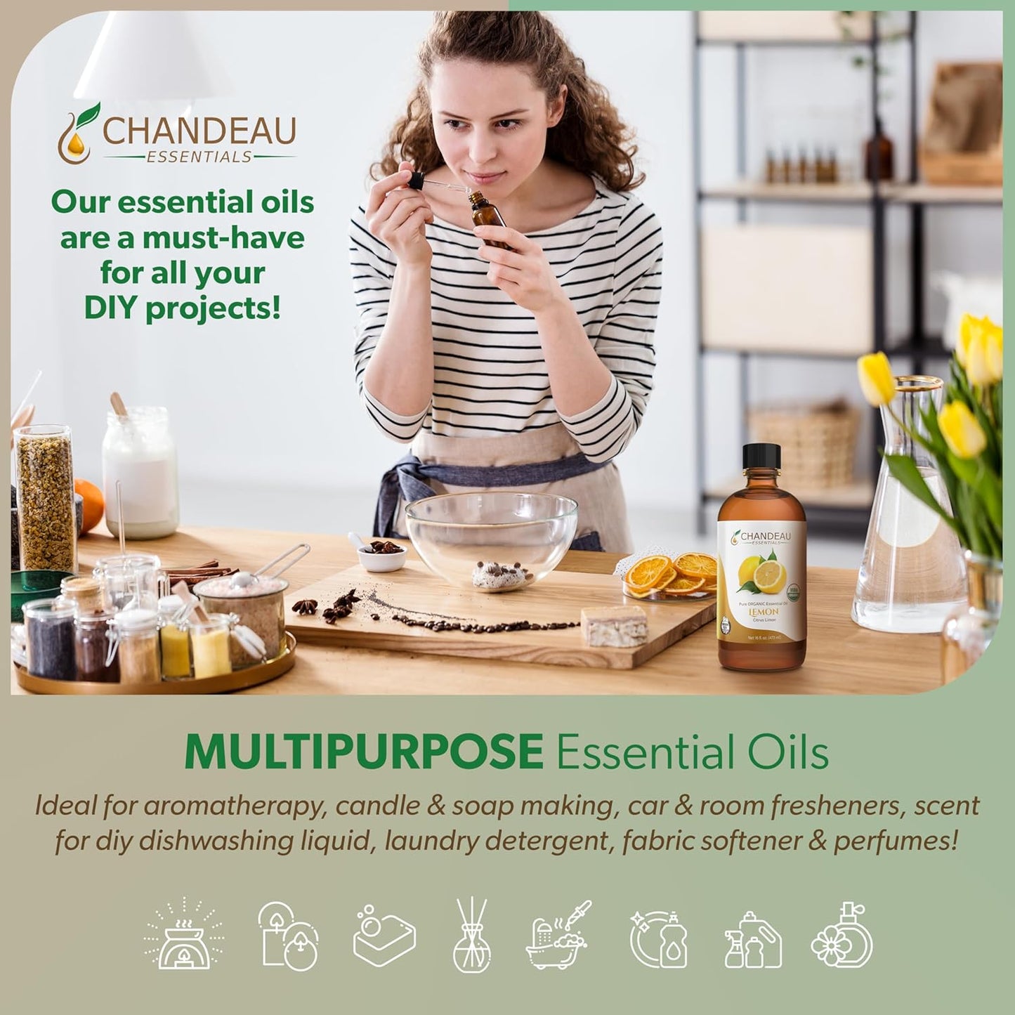 100% Pure Organic Essential Oil, Pure Lemon Essential Oil for Aromatherapy, Soap Making, Candles, Laundry, Perfume, Cleaners or Diffusers - Large Amber Glass Bottle, 16 oz.