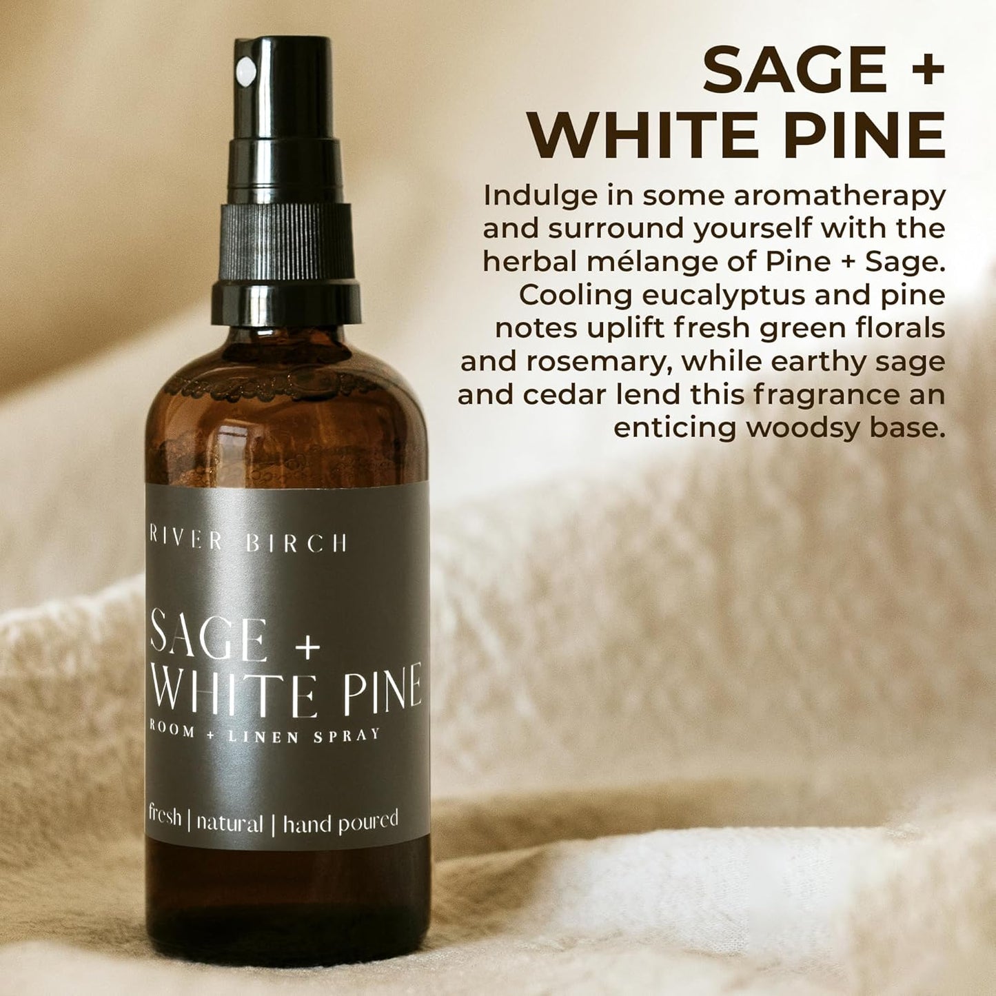 River Birch Luxury Linen and Room Spray - Sage + White Pine Home Signature Scent - Room Fragrance Spray - Fragrant Fresh Linen Air Freshener For Bedding - Handmade in Texas - 4 oz Glass Amber Bottle