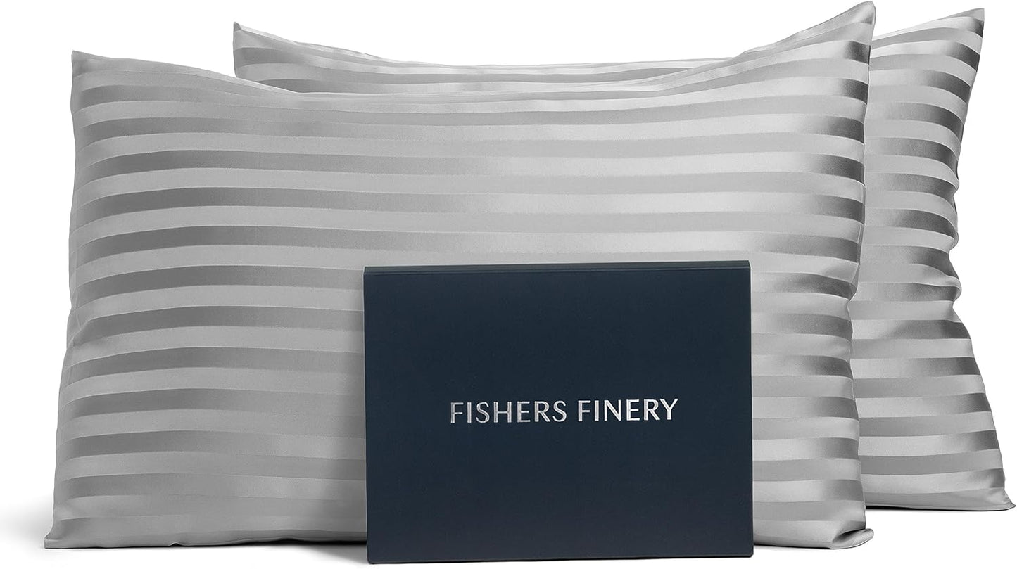 Fishers Finery 25mm 100% Pure Mulberry Silk Pillowcase Set (Gray Stripe Queen 2 Pack)