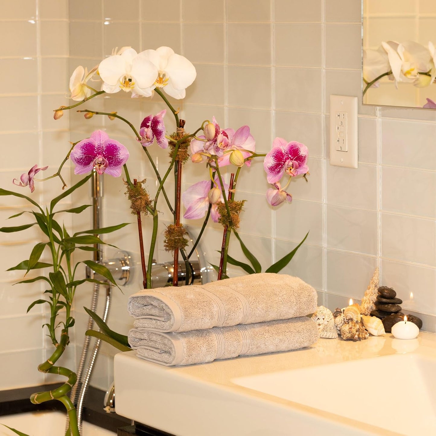 Mosobam Luxury Turkish Set of 6 Hand Towels 16X30 Light Grey (Gray) 700 GSM Bamboo Viscose & Aegean Turkish Combed Cotton