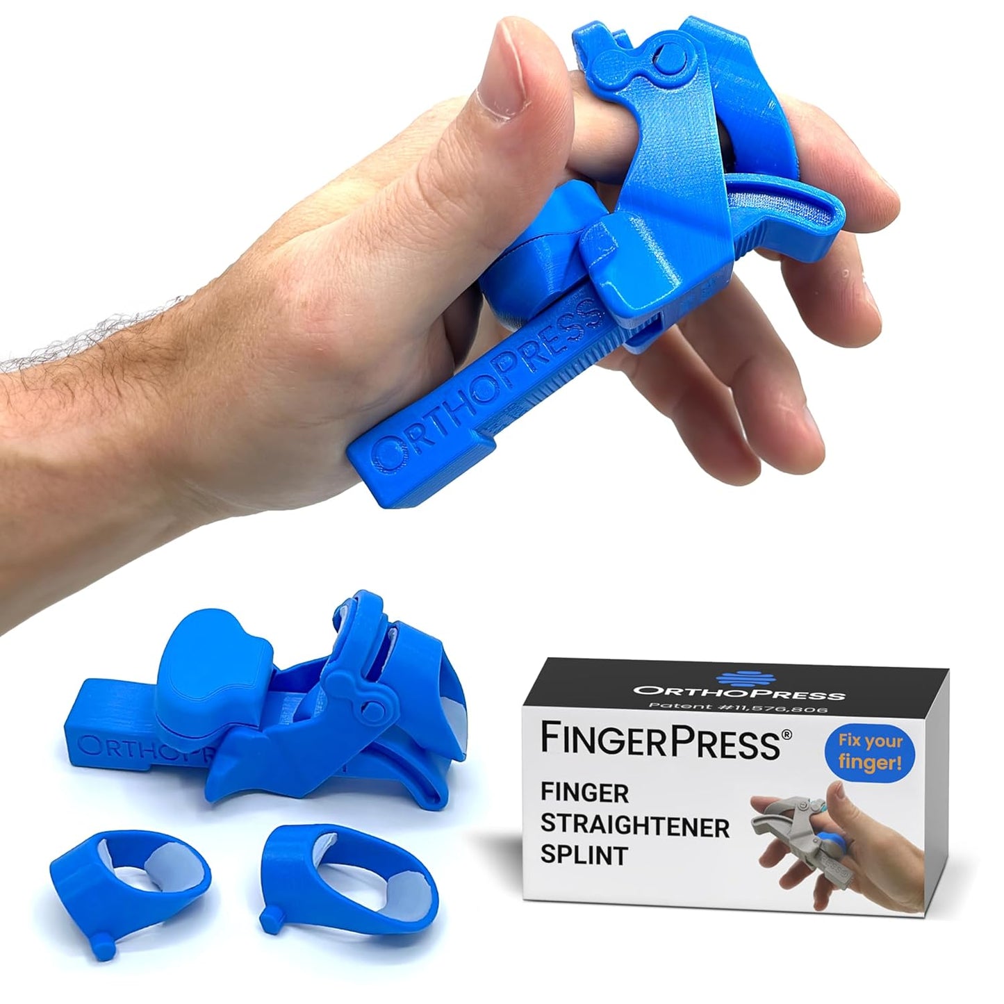 Finger Straightener | PIP Extension Orthosis/Splint For Bent Fingers, PIP Flexion Contractures | Adjustable Joint Stretcher Device | Made in USA | Blue/X-Small