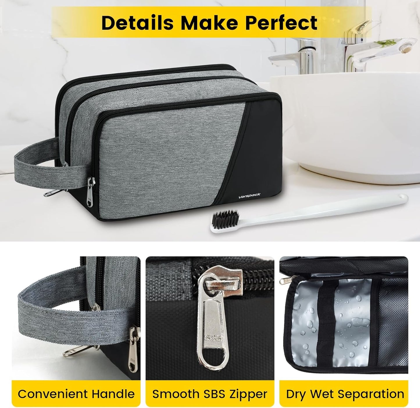 Vorspack Travel Toiletry Bag - Toiletry Bag for Men Water Resistant Skincare Bag for Bathroom Toiletries Accessories Gifts - Grey