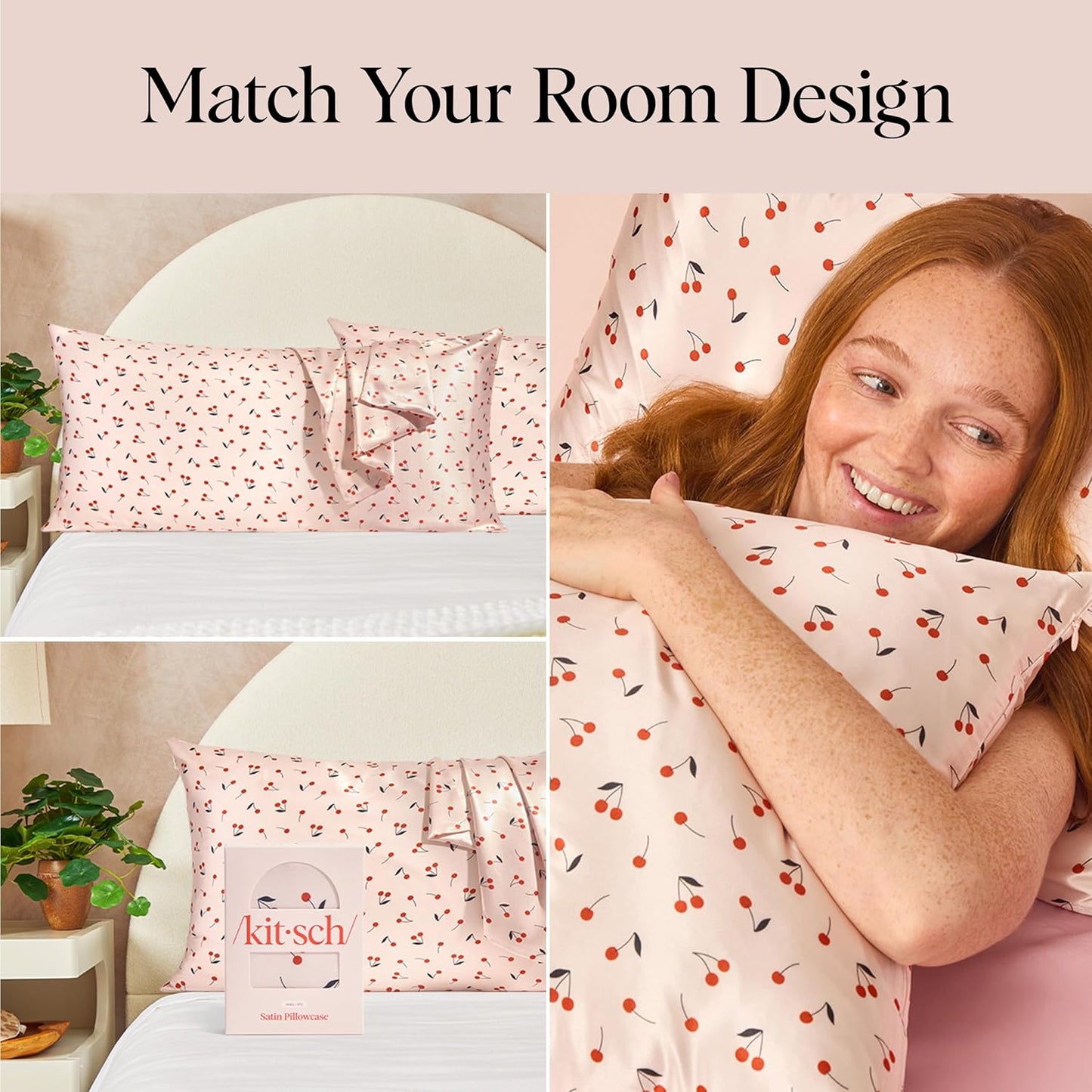 Kitsch Satin Pillowcase, Softer Than Silk Pillow Cases King, Cooling Pillow Covers, Satin Pillowcase with Zipper for Hair, Skin & Quality Sleep, Wrinkle-Free & Smooth, King Size 19"x36", Cherry Print