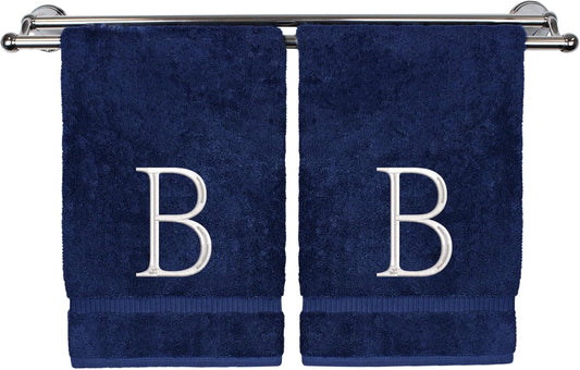 Monogrammed Hand Towel, Personalized Initial Gift, Extra Absorbent 100% Turkish Cotton - Soft Terry Finish - Set of 2 - White Block Initial B - Embroidered on Navy Blue Towels