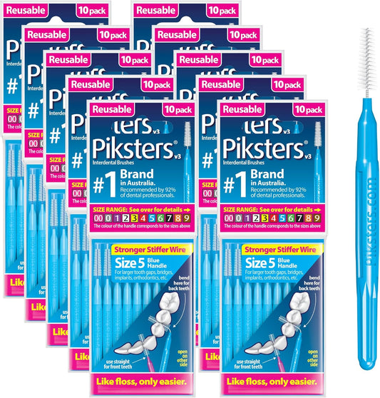 Piksters Interdental Brushes, Size 5, 100 Count (10 x 10 Packs), Interdental Tooth Brush for Large Gaps, Gum Soft Bristles for Plaque Removal, Safe for Braces (100 pk)