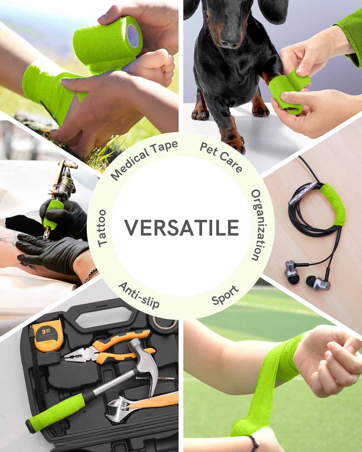 FriCARE Self Adhesive Bandage Wrap, Medical Tape in First Aid Kit, Cohesive Bandages for Wounds Sport Vet, 2 Inches X 5 Yards 6 Rolls, Grass Green