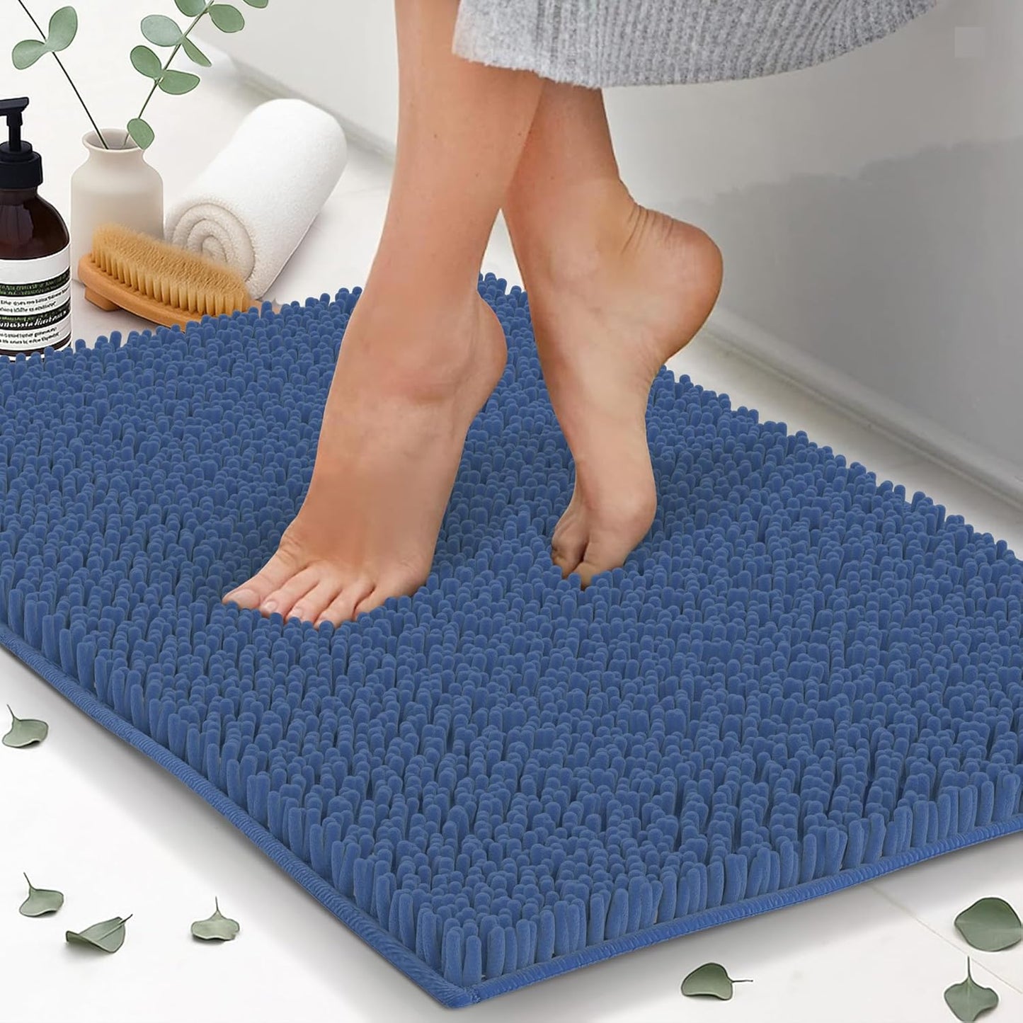 ITSOFT Plush Bathroom Rug 25x18, Absorbent Machine Washable Non Slip Chenille Bath Mats, Quick Dry Bathmat, Bath Rugs for Bath, Shower, Bedroom, or Door Mat, Dark Blue
