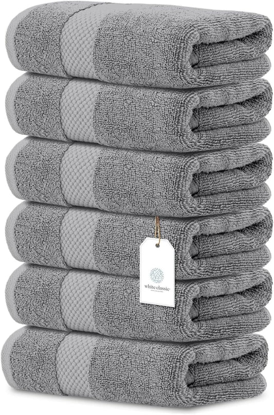 White Classic Luxury Light Gray Hand Towels - Soft 100% Turkish Cotton | Highly Absorbent Hotel spa Bathroom Towel Collection | 16x30 Inch | Set of 6