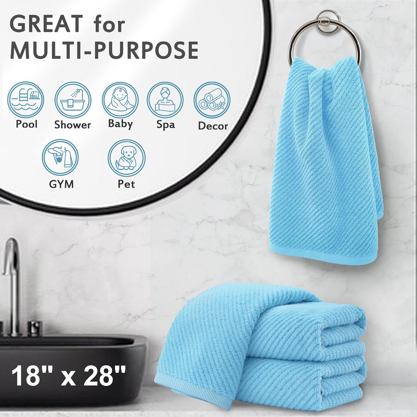 VOOVA & MOVAS Hand Towels for Bathroom Set of 4，Large 18"x 28" - 100% Cotton | Lightweight | Thick | Quick Dry | Soft | Absorbent, Bath Hand Towels, Bathroom Essentials, Blue