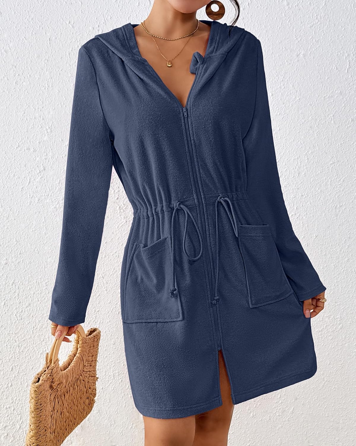 Bsubseach Terry Cloth Cover Up - Women Zip Up Long Sleeve Swimsuit Coverup Hooded Bath Robes with Pockets