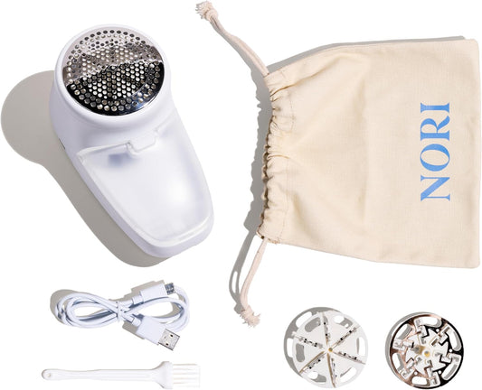 Nori Trim Fabric Shaver - Lint Remover for Clothes & Furniture Couch Pilling - Sweater Pill Remover - Clothes Shaver with 6 Precision Blades - Wireless and Rechargeable - White