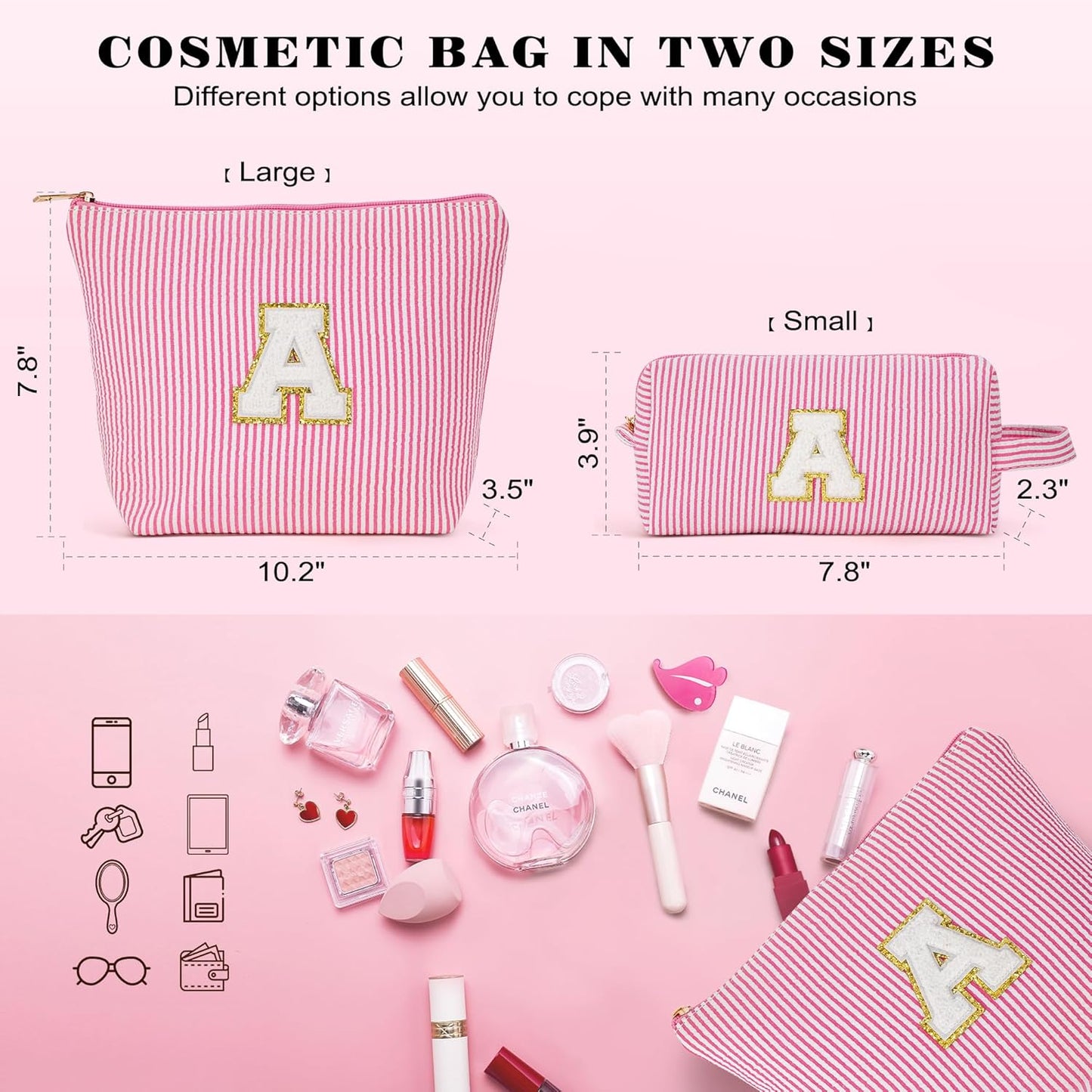 Travel Toiletry and Makeup Bag - Travel Essentials for Women, Pink Initial Makeup Bags for Hair Ties, Clips, Brushes, Sponges, Lipsticks, Blush, Eyelash Curler, Easy to Carry, Pink Letter L