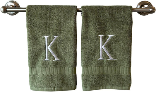 Sage Initial Hand Towel for Bathroom - Monogrammed Luxury Hotel Quality Decorative Embroidered Towel for Powder Room, Spa - GOTS Organic Certified - Set of 2 Letter K