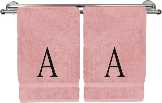 Monogrammed Hand Towel, Personalized Initial Gift, Extra Absorbent 100% Turkish Cotton - Soft Terry Finish - Set of 2 - Black Block Initial A - Embroidered on Pink Towels