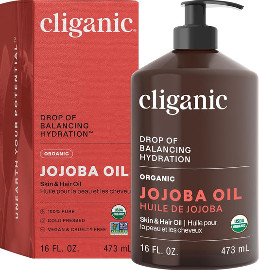 Cliganic Organic Jojoba Oil 16 oz, 100% Pure | Bulk, Natural Cold Pressed Unrefined Hexane Free for Hair & Face | Base Carrier Oil