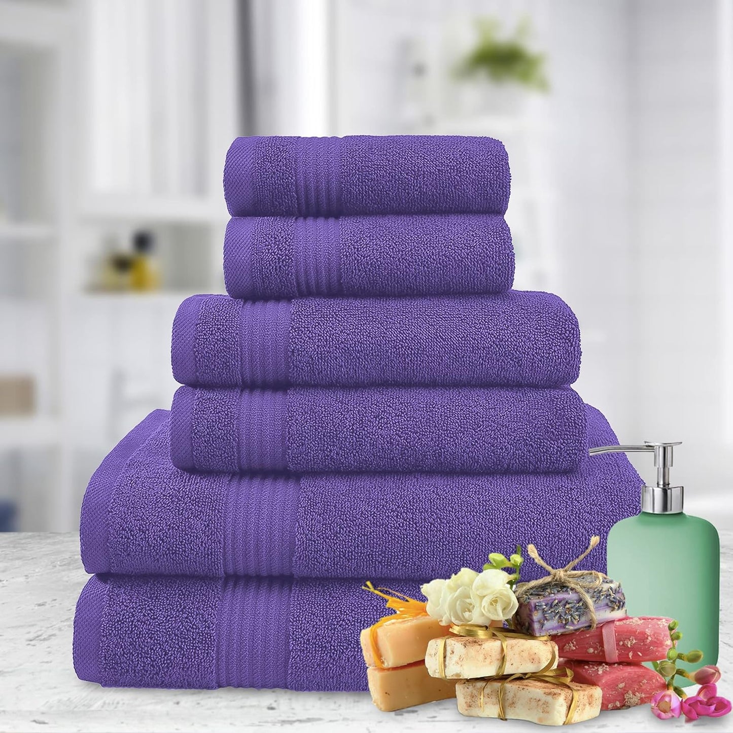 American Veteran Towel, 6 Piece Towel Set for Bathroom, 100% Cotton Turkish Bathroom Towels, 2 Bath Towels 2 Hand Towels 2 Washcloths, Purple
