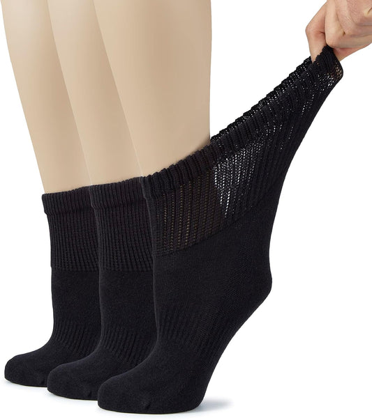Hugh Ugoli Women's Cotton Diabetic Ankle Socks, Wide, Loose, Stretchy, Seamless Toe, Non Binding Top Semi Cushion, 3-6 Pairs