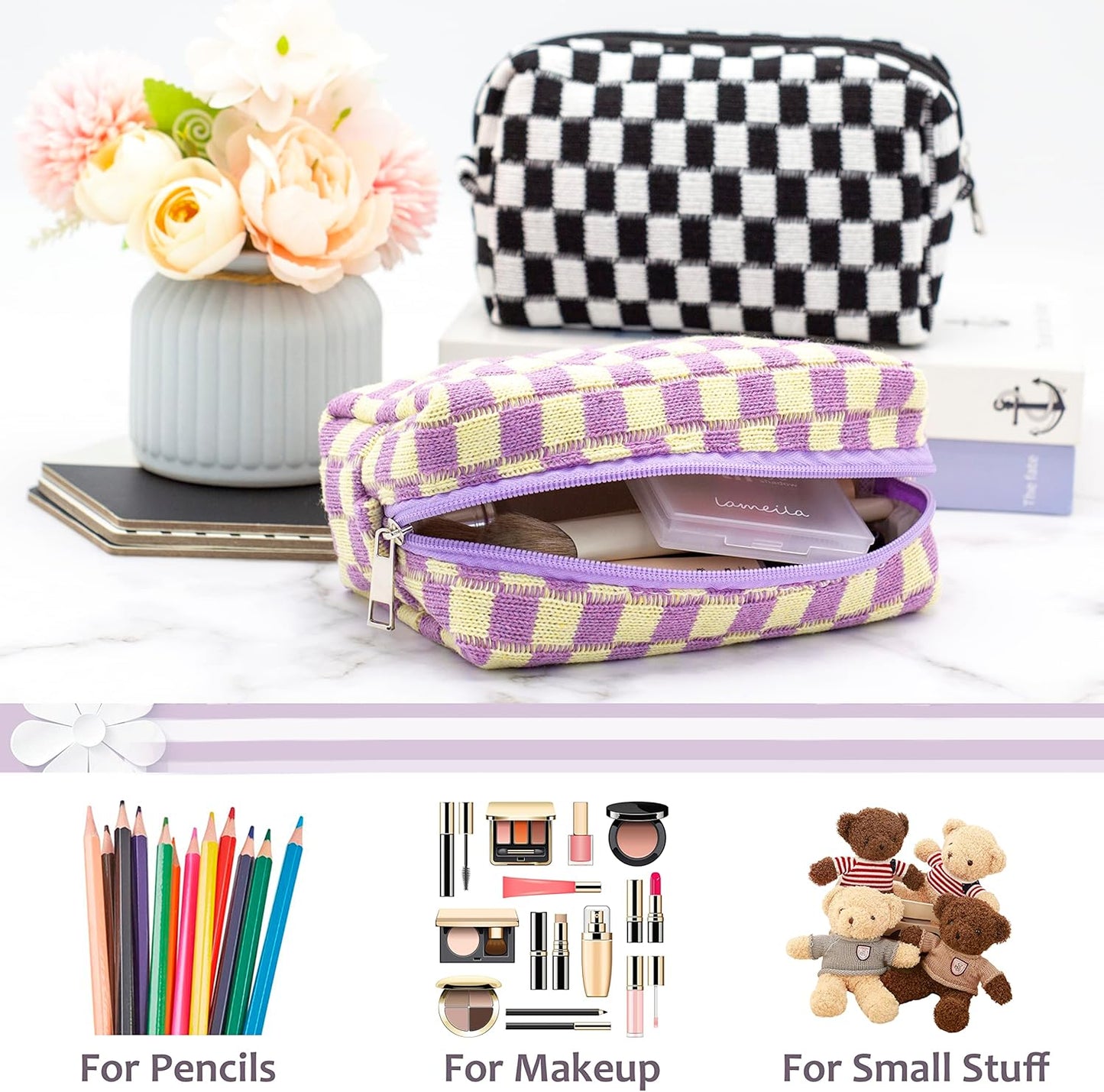PAZIMIIK Checkered Makeup Bag for Purse Portable Zipper Make Up Pouch Small Cosmetic Case for Travel Accessories (6PCS Purple)