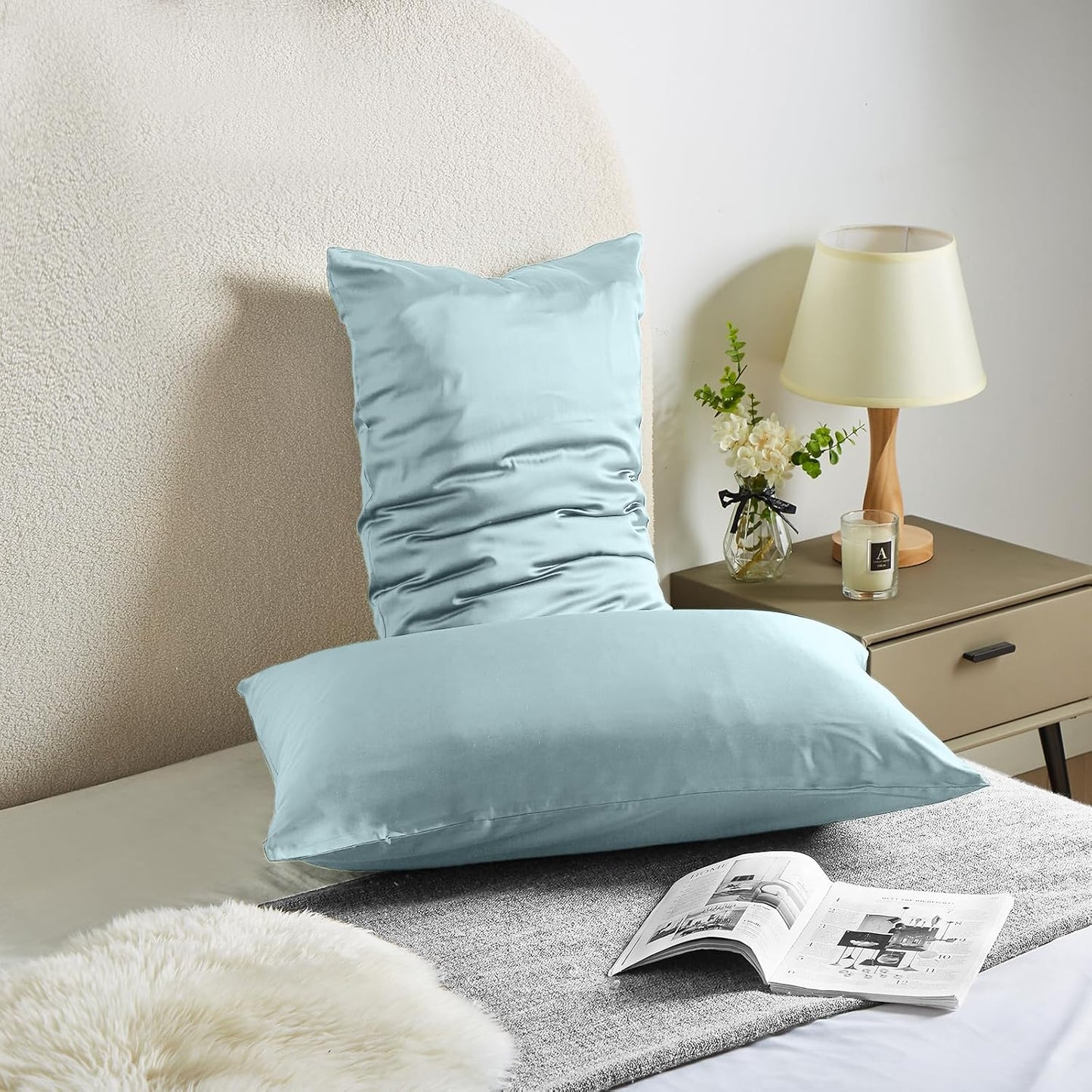 Silk Pillowcase for Hair and Skin - Mulberry Silk, Soft Breathable Smooth Both Sided With Zipper, Beauty Sleep Pillow Case for Gift (King, Haze Blue)