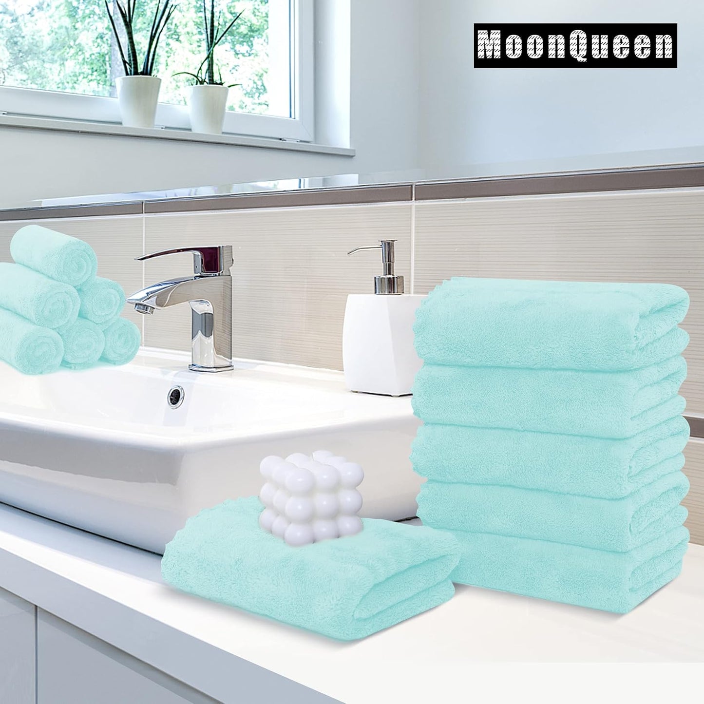 MOONQUEEN 18 Pack Premium Hand Towels - Quick Drying - Microfiber Coral Velvet Highly Absorbent Towels - Multipurpose Use as Hotel, Bathroom, Shower, Spa, Hand Towel 16 x 28 inches (Frozen Blue)