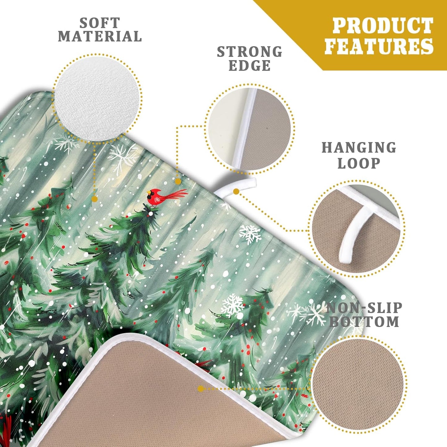 Winter Pine Tree Dish Drying Mat Red Bird Berry Dishes Drainer Mats Absorbent Microfiber Kitchen Counter Protector Drying Mats 16x18 Inch