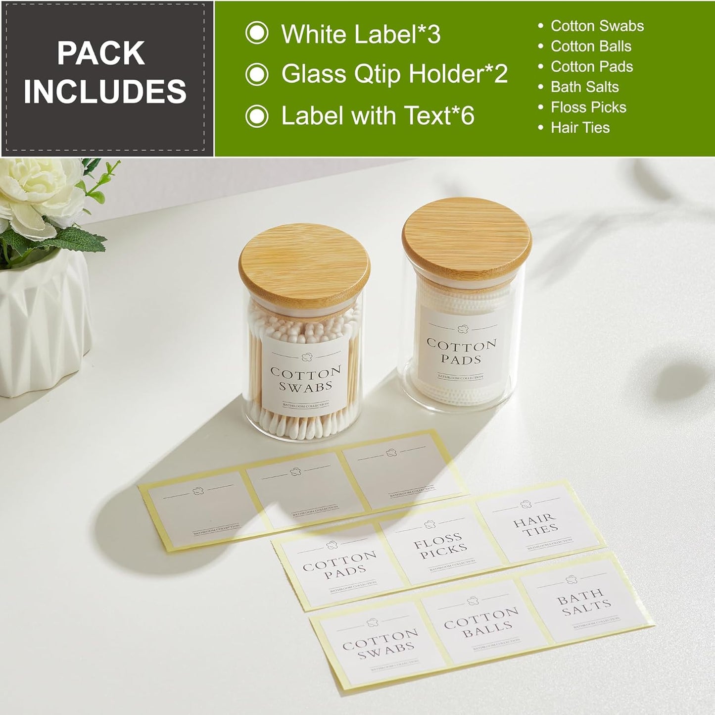 2 Pack Qtip Holder Dispenser - Glass Apothecary Jars with Lids, Cotton Ball Pad Swab Round Holder, Bamboo Bathroom Accessories, Bathroom Organizers Containers Jars Canisters with Lids