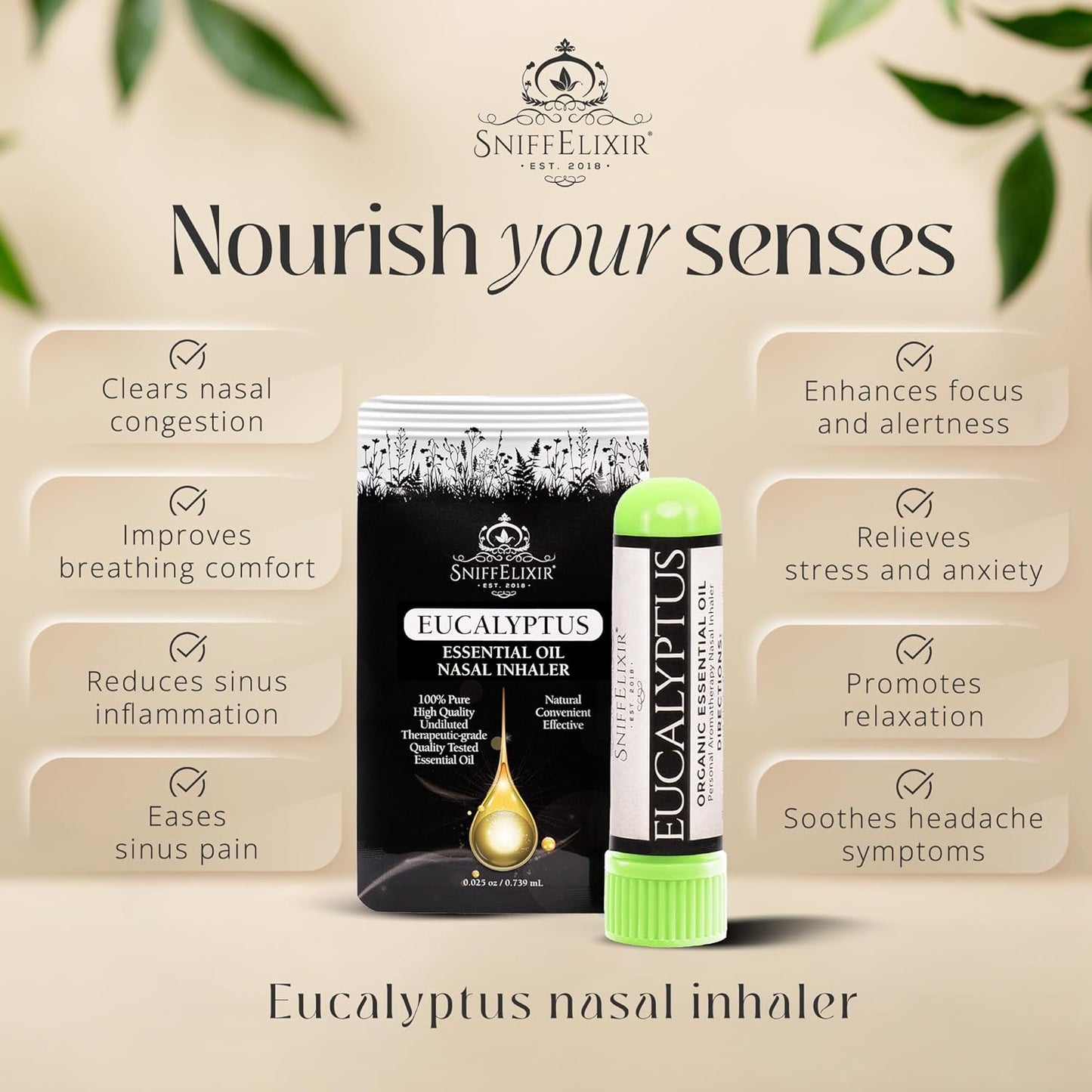 Eucalyptus Nasal Inhaler with Essential Oils for Adults - Natural Aromatherapy Stick for Breathing, Portable
