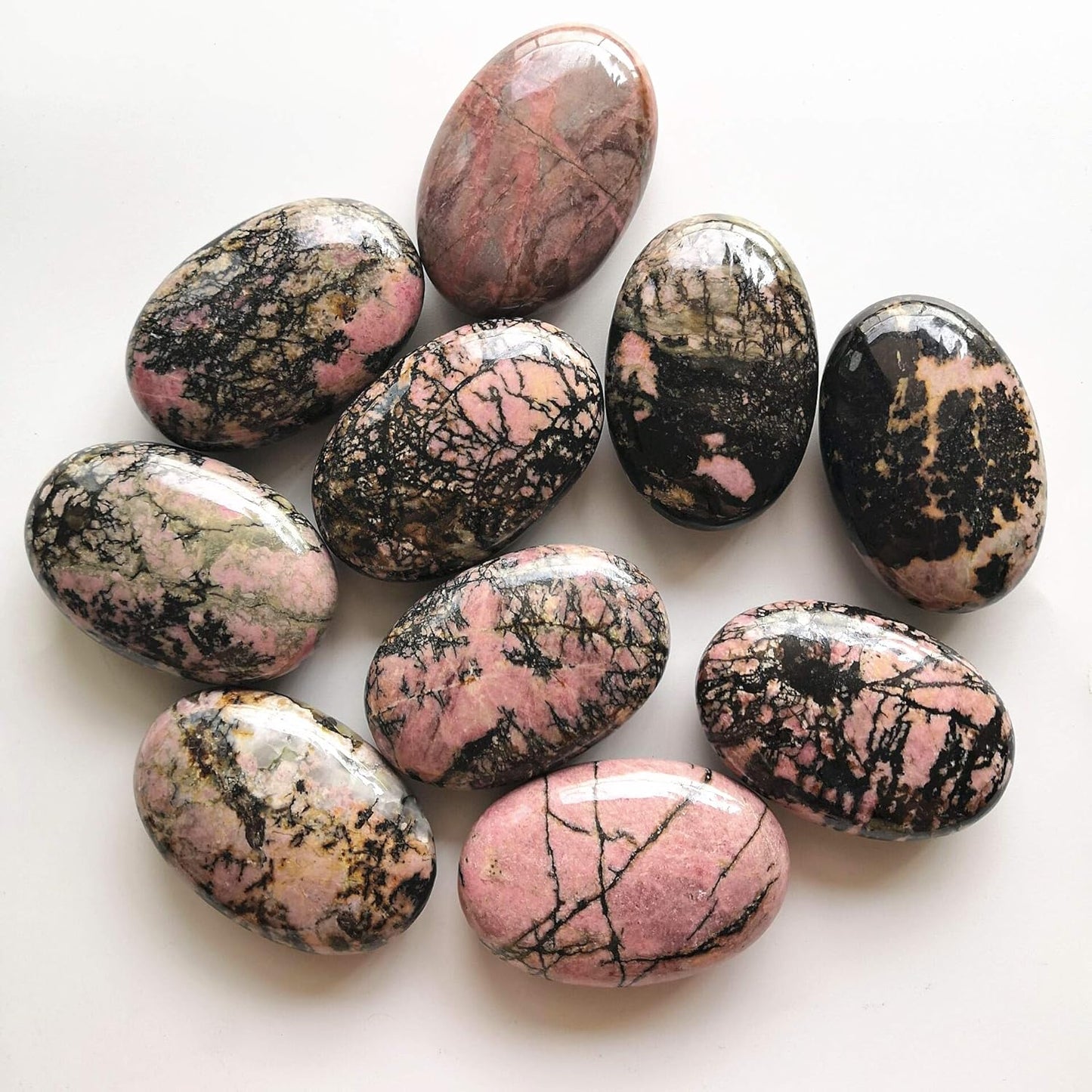 Natural Rhodonite Oval Polished Worry Stones, Healing Crystal Indoor Fountain Stones Massage Energy Anxiety Relief Items