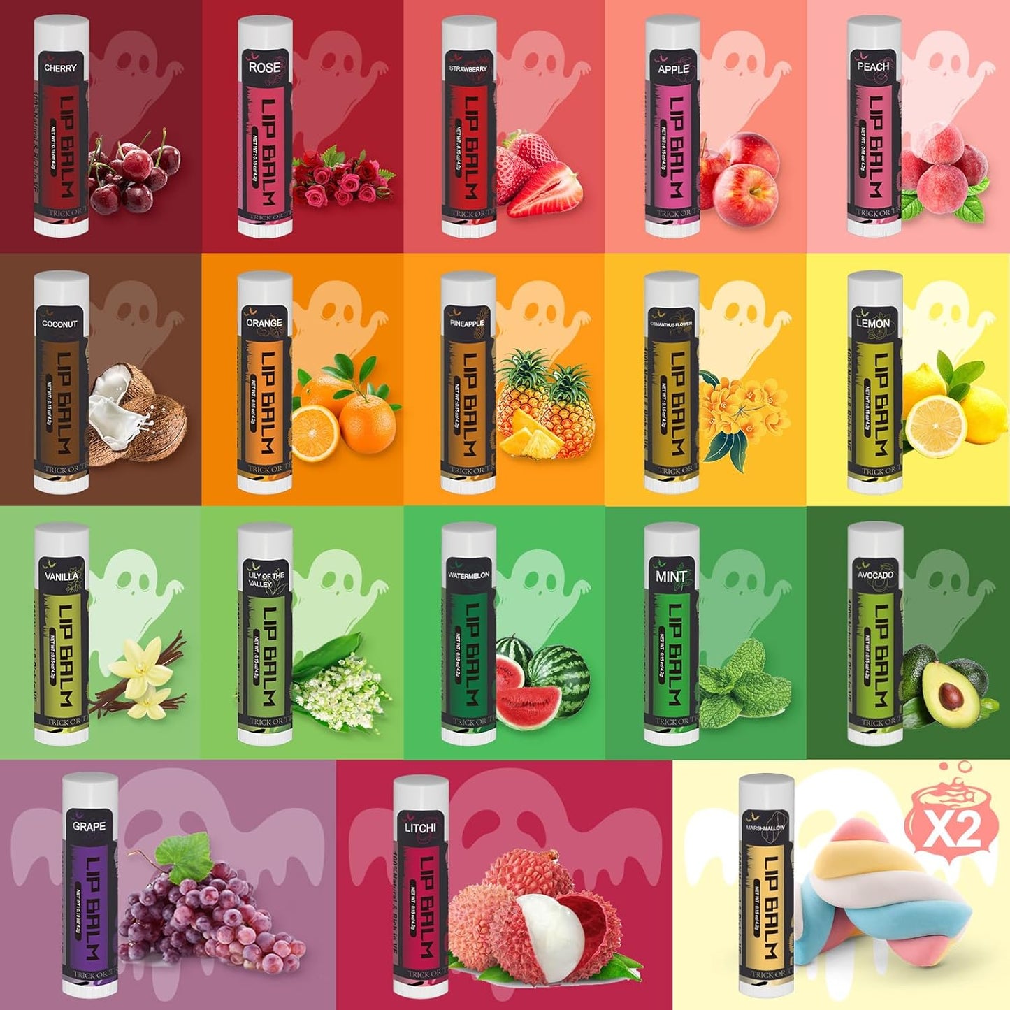 Yopela 76 Pack Halloween Lip Balm Party Favors, Lip Care Set with Vitamin E & Coconut Oil to Moisturize Repair Dry Chap Lips, 18 Flavors,Perfect for Trick-or-Treat Gifts or Goodie Bag Stuffers