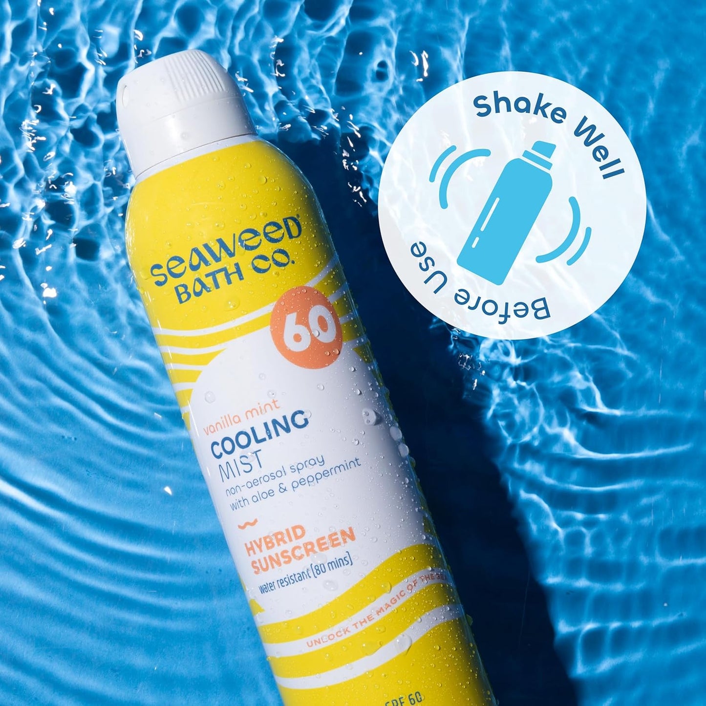 Seaweed Bath Co. Cooling Mist SPF 60 Sport Broad Spectrum Hybrid Sunscreen Spray, 6 Ounce, Sustainably Harvested Seaweed, Aloe, Peppermint