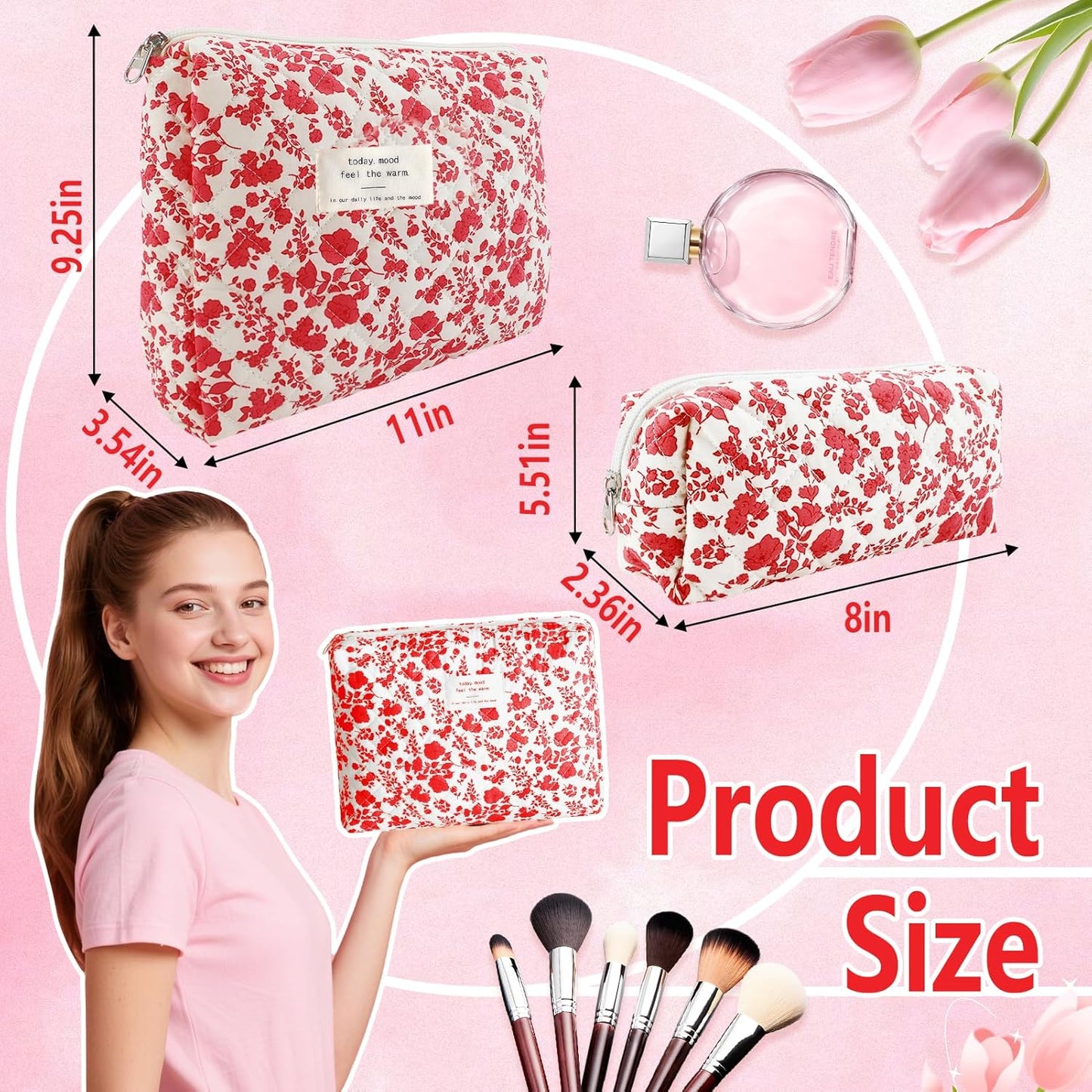 2Pcs Quilted Makeup Bag Set Flower Cute Pencil Case Large Small Travel Makeup Pouch Set for Women Coquette Makeup Bag Aesthetic Cotton Cosmetic Bag Hot Pink Toiletry Organizer Storage Bag Zipper Pouch