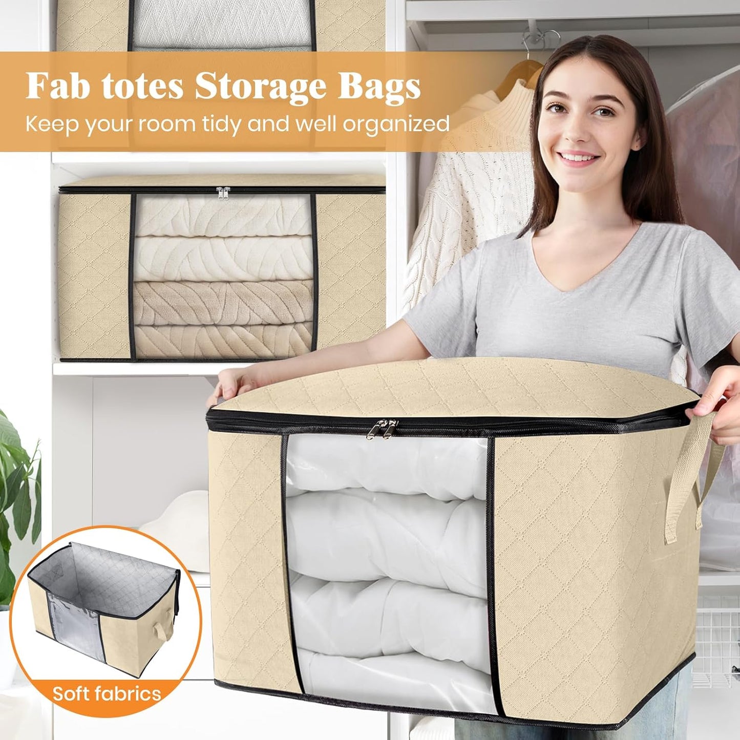Fab totes 24 Gallons Clothes Storage, Foldable Thick Fabric Blanket Storage Bags, Containers for Organizing Bedroom, Closet, Clothing, Comforter, Organization with Handle (6 Pack,Beige)