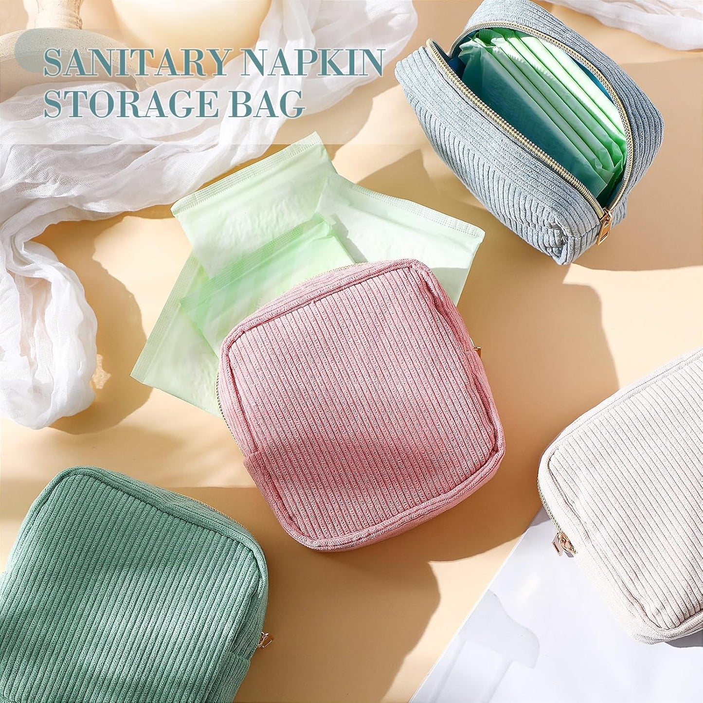 4 Pcs Sanitary Napkin Storage Bag Corduroy Period Bag for School Teen Mini Makeup Preppy Cosmetic Wallet Set for Women Portable First Period Pouch with Zipper Cute Pad Pouch