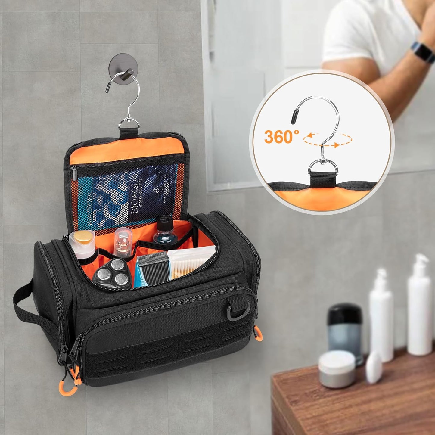 Tactical Toiletry Bag for Men, Hanging Hygiene Bag, Travel Dopp Kit Organizer for Shaving, Shower Essentials and Toiletries, Black (Empty Bag)