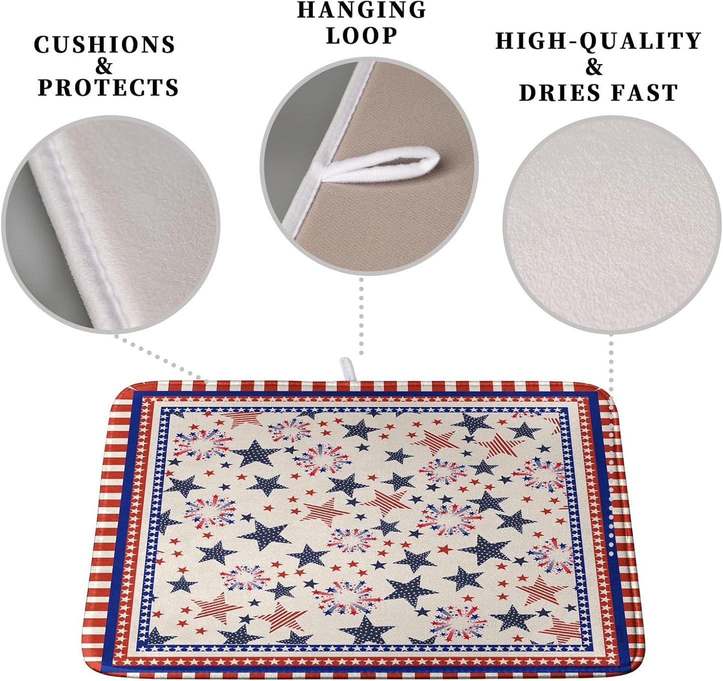 Happy 4th of July Patriotic Dish Drying Mat 18 x 24 Inch US Independence Day Vintage Star Kitchen Drying Mat Blue White Red Dish Drainer Mats Super Absorbent Dish Rack Pad for Coffee Bar Sinks