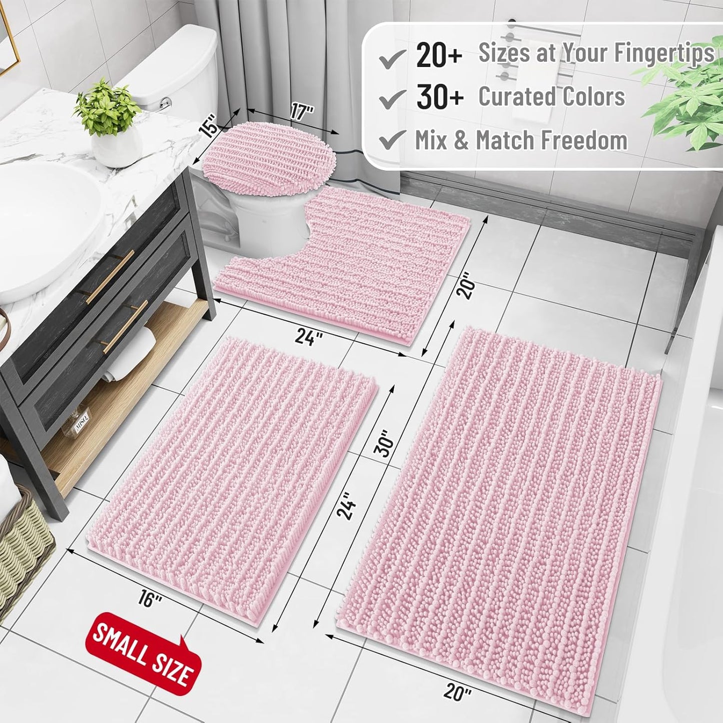 Arotive Luxury Chenille Bathroom Rug Mat, Extra Soft Thick Absorbent Shaggy Bath Rugs, Non-Slip Machine Wash Dry, Plush Bath Mats for Bathroom, Shower and Tub, 70x24, Pink