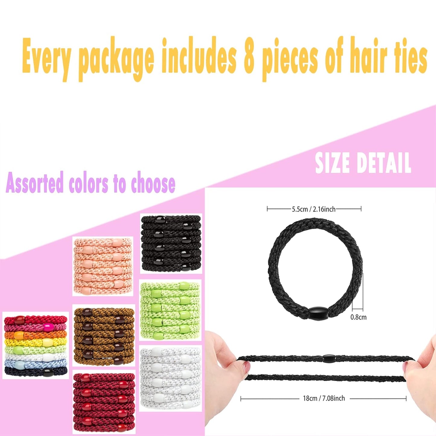 AXEN 8PCS Elastic Hair Tie for Women Girls, Cotton Bands Soft Woven Ponytail Holders for Thick Hair and Curly Hair, Pure Colors