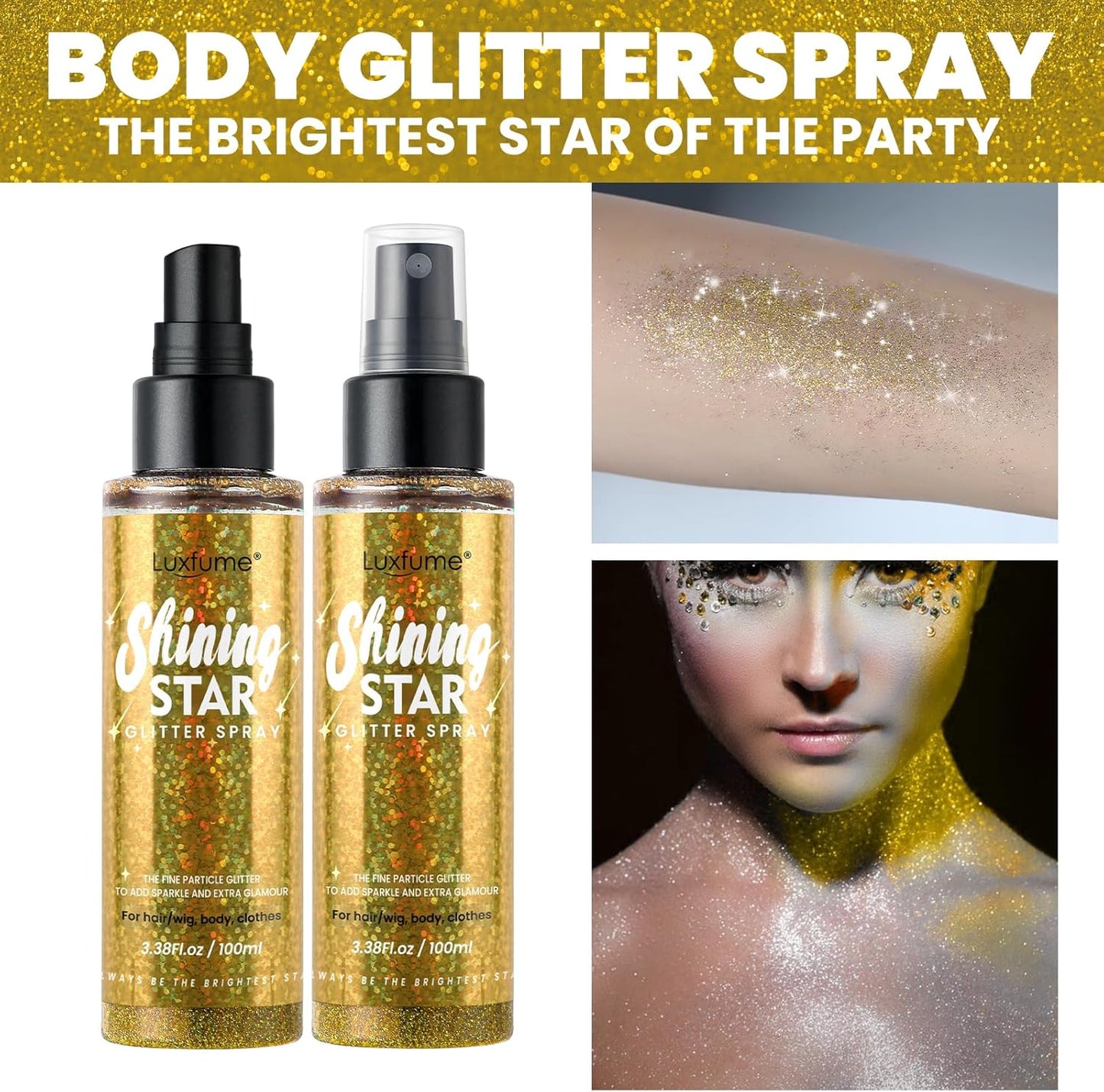 Gold Body Glitter Spray & Glitter Hairspray - Long-Lasting, Ultra-Shiny, Quick-Dry, Waterproof, Non-Clog Nozzle for Parties, Dances, Festivals, and Special Events