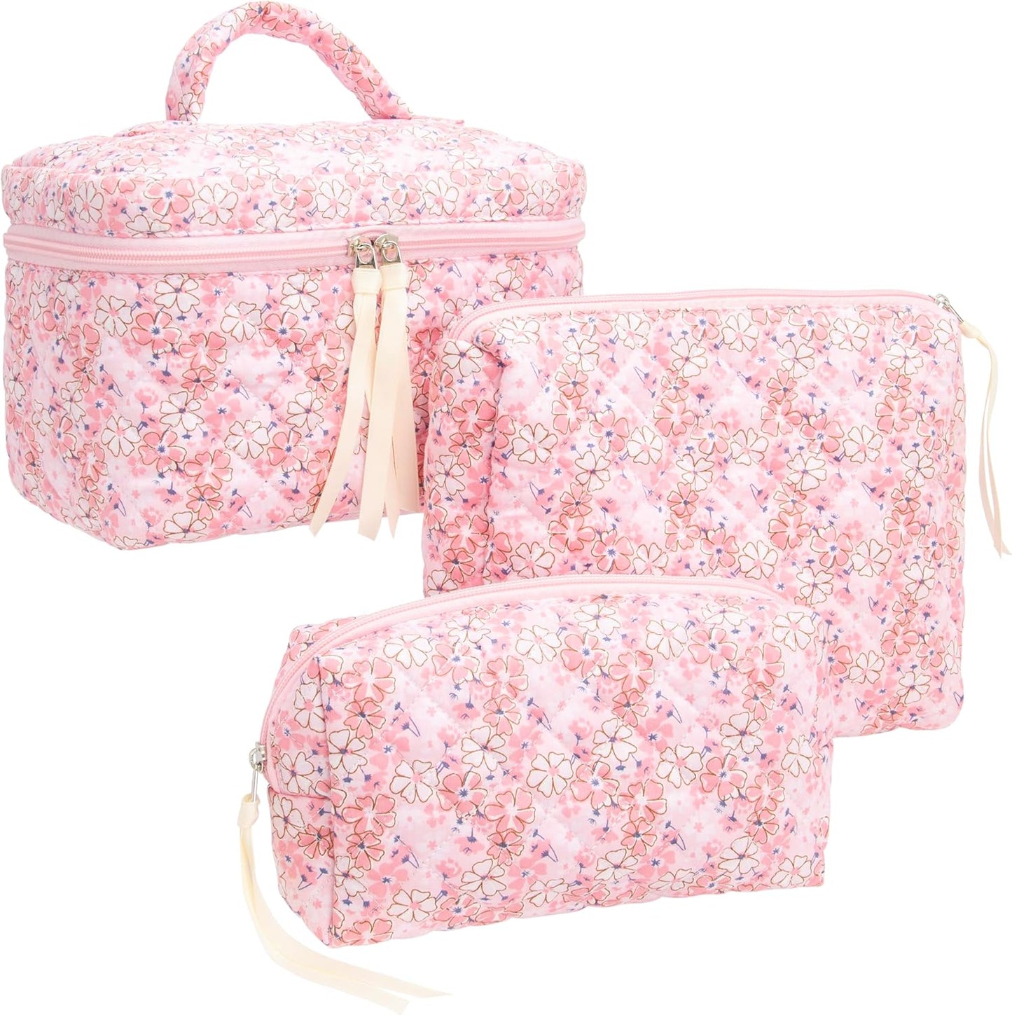 PAZIMIIK 3PCS Makeup Bag SET Large Travel Quilted Zipper Soft Cosmetic Case Pouch for Women Girls Make Up,Pink Flower