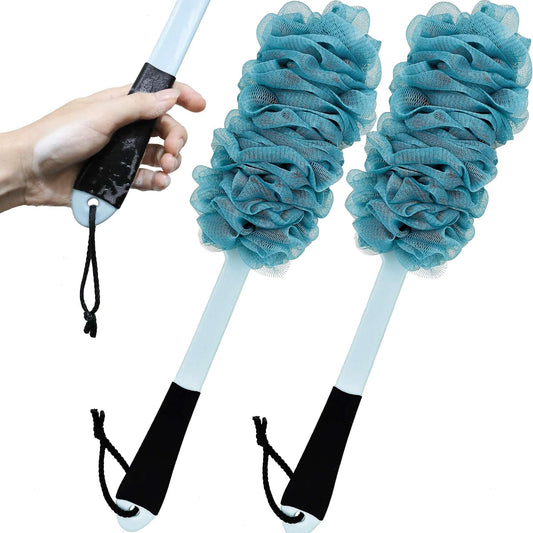 2 Pack Back Scrubber for Shower, Anti Slip Long Handle Bath Body Brush, Loofah with Handle, Back Scrub Brush, Soft Mesh Loofah Sponge Shower Brush for Women, Men, Elderly (2 Pack= Blue)