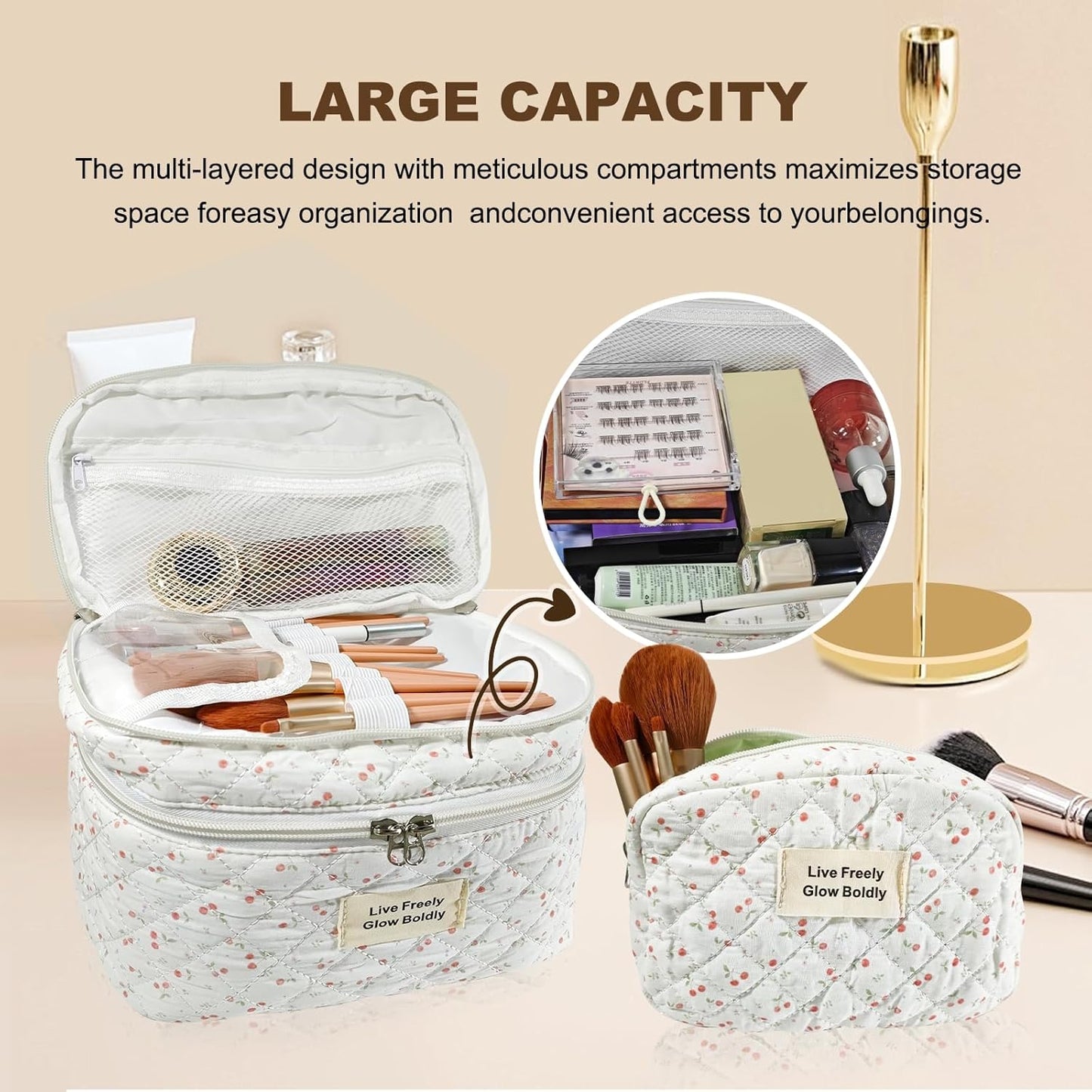 3Pcs Large Travel Quilted Makeup Bag, Double Layer Cute Floral Cotton Toiletry Bag, Aesthetic Flower Cosmetic Bag Coquette Skincare Organizer Bag for Women (79-Cherry)