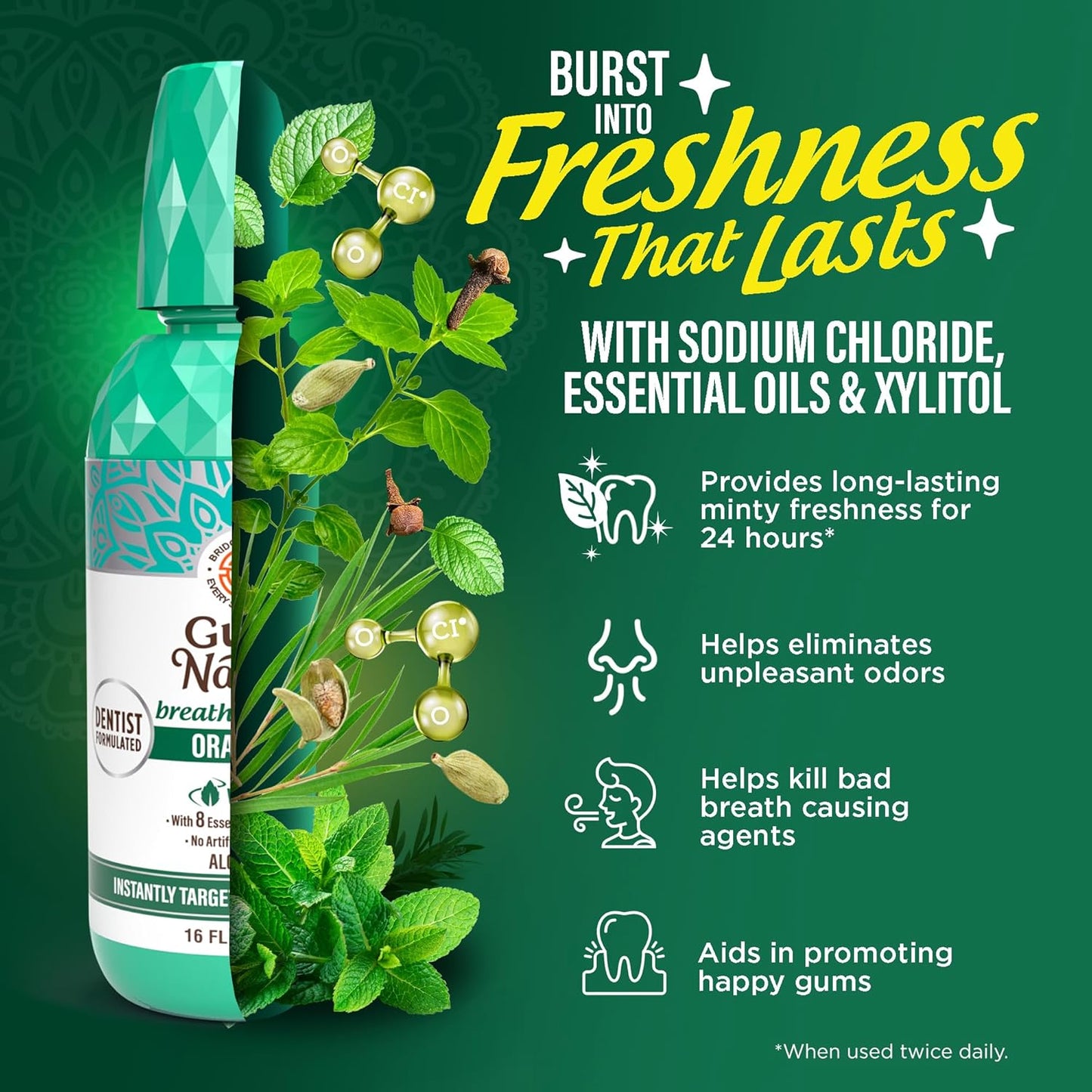 GuruNanda Fresh Breath Mouthwash, ADA-Accepted, Alcohol & Fluoride-Free, Sodium Chlorite, Essential Oils & Vitamins, 12-Hrs Fresh Breath, Wild Mint, 16 oz - 2 Pack